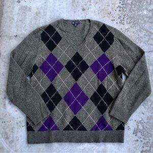 J. Crew V-Neck Sweater in Olive, Black, and Purple Diamond Pattern